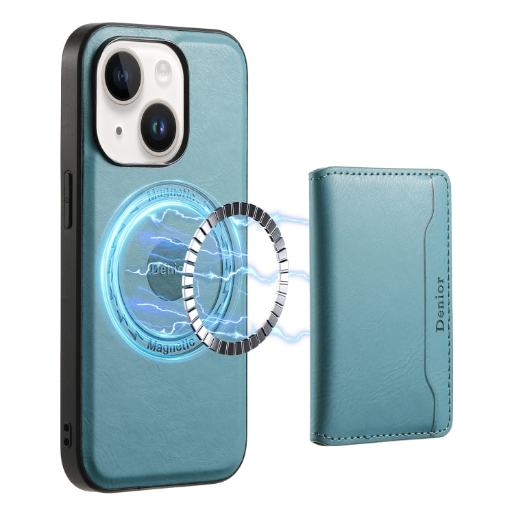 For iPhone 14 Denior Cowhide Texture Leather MagSafe Detachable Wallet Phone Case(Blue) - iPhone 14 Cases by Denior | Online Shopping South Africa | PMC Jewellery | Buy Now Pay Later Mobicred