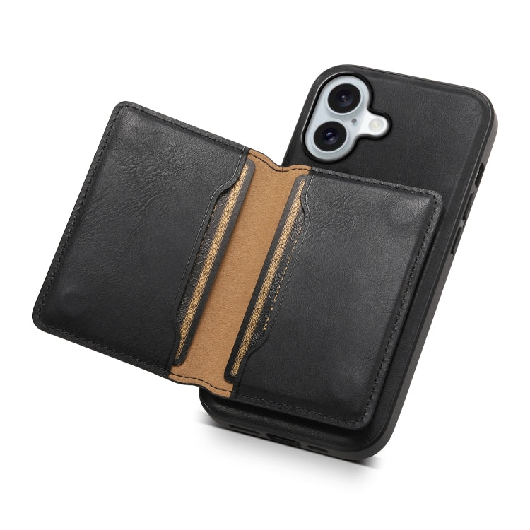 For iPhone 16 Denior Cowhide Texture Leather MagSafe Detachable Wallet Phone Case(Black) - iPhone 16 Cases by Denior | Online Shopping South Africa | PMC Jewellery | Buy Now Pay Later Mobicred