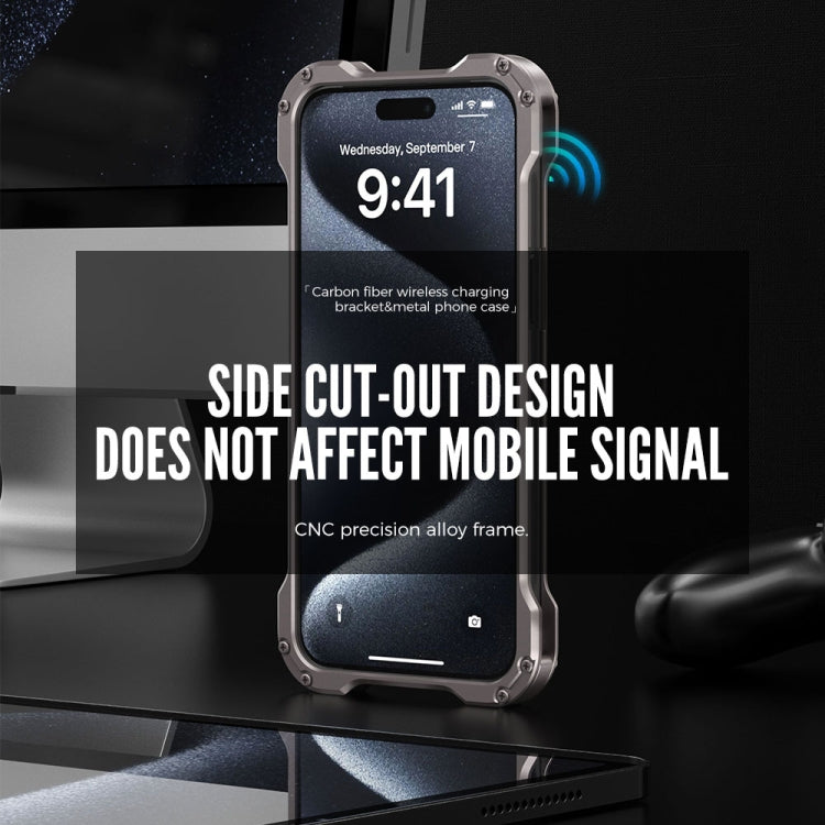 For iPhone 15 Pro Max R-JUST RJ51-1 Hollow Rotating Holder MagSafe Magnetic Metal Phone Case(Silver Grey) - free shipping - PMC TechLife - Order now!
