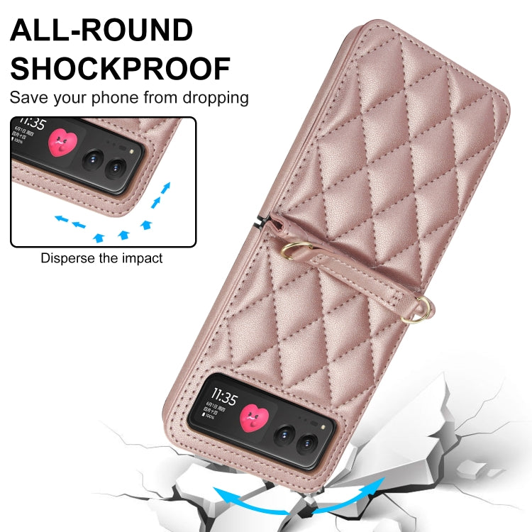 For Motorola Razr 40 Rhombic Texture Phone Case with Long & Short Lanyard(Rose Gold) - Motorola Cases by PMC TechLife | Online Shopping South Africa | PMC TechLife | Buy Now Pay Later Mobicred
