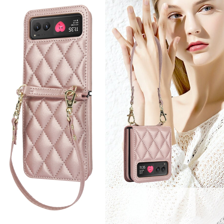 For Motorola Razr 40 Rhombic Texture Phone Case with Long & Short Lanyard(Rose Gold) - Motorola Cases by PMC TechLife | Online Shopping South Africa | PMC TechLife | Buy Now Pay Later Mobicred