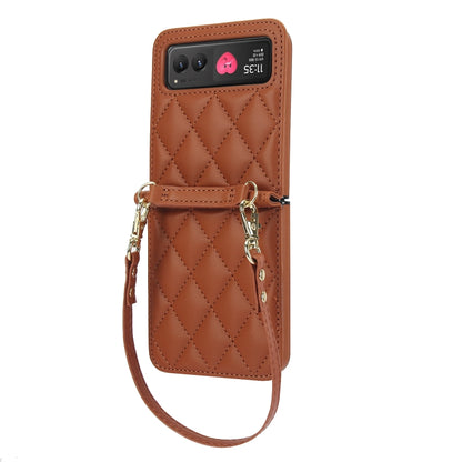 For Motorola Razr 40 Rhombic Texture Phone Case with Long & Short Lanyard(Brown) - Motorola Cases by PMC Jewellery | Online Shopping South Africa | PMC Jewellery