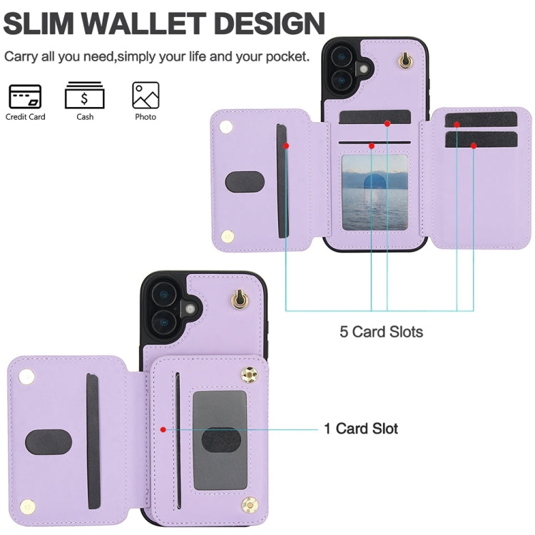 For iPhone 16 Plus YM006 Skin Feel Zipper Card Bag Phone Case with Dual Lanyard(Light Purple) - iPhone 16 Plus Cases by PMC Jewellery | Online Shopping South Africa | PMC Jewellery | Buy Now Pay Later Mobicred