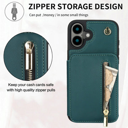 For iPhone 16 Plus YM006 Skin Feel Zipper Card Bag Phone Case with Dual Lanyard(Green) - iPhone 16 Plus Cases by PMC Jewellery | Online Shopping South Africa | PMC Jewellery | Buy Now Pay Later Mobicred