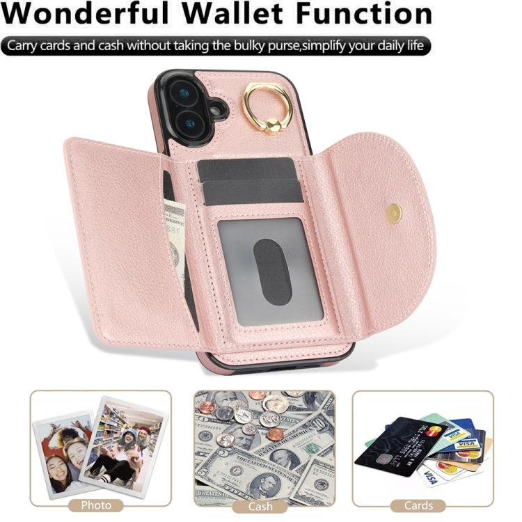 For iPhone 16 YM007 Ring Holder Card Bag Skin Feel Phone Case(Rose Gold) - iPhone 16 Cases by PMC TechLife | Online Shopping South Africa | PMC TechLife | Buy Now Pay Later Mobicred
