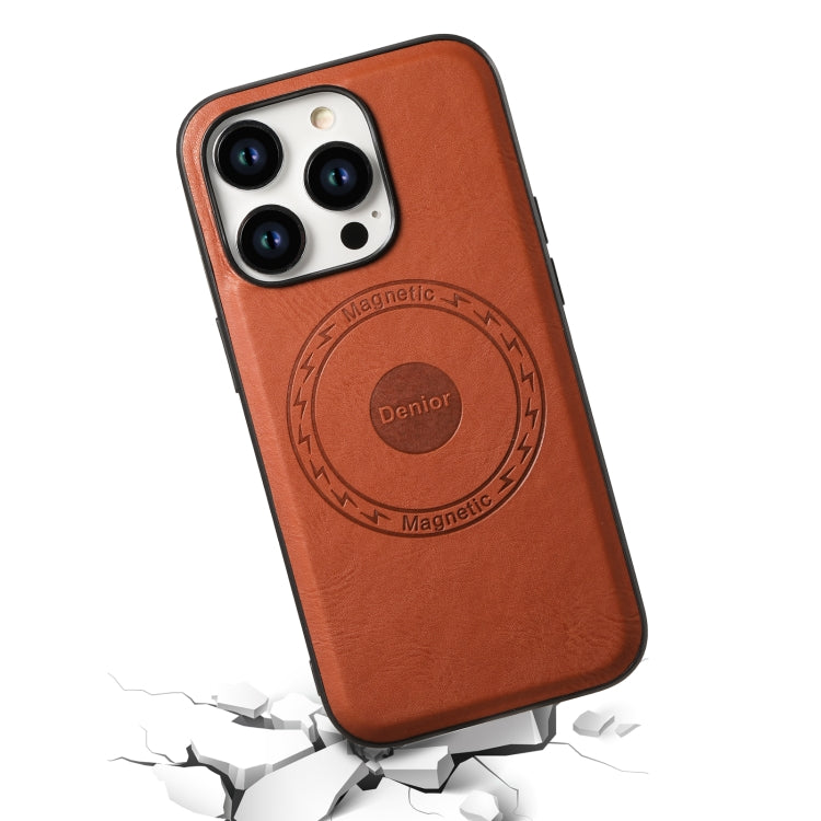 For iPhone 15 Denior Cowhide Texture Leather MagSafe Phone Case(Brown) - iPhone 15 Cases by Denior | Online Shopping South Africa | PMC Jewellery | Buy Now Pay Later Mobicred