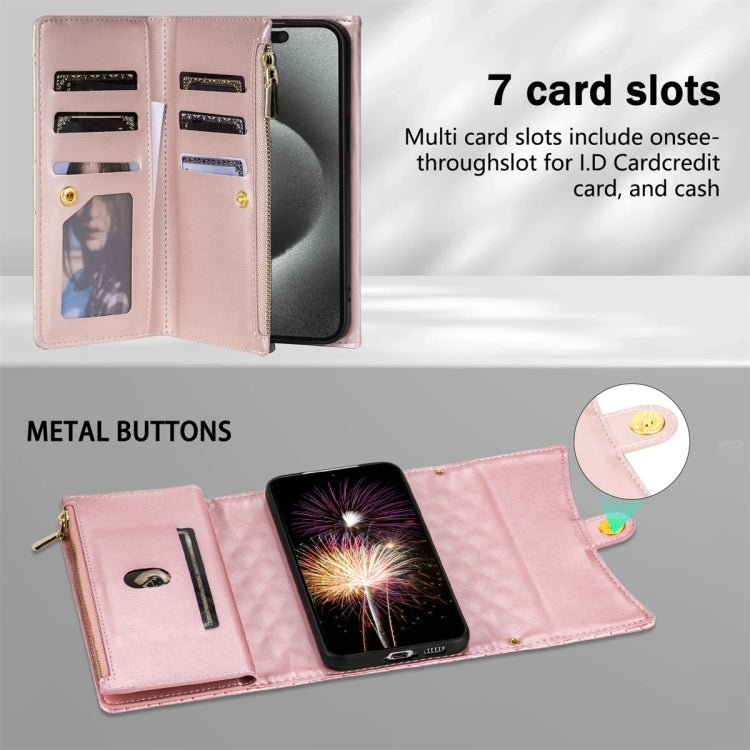 For Google Pixel 8 Pro Zipper Multi-Card Wallet Rhombic Leather Phone Case(Rose Gold) - Google Cases by PMC TechLife | Online Shopping South Africa | PMC TechLife | Buy Now Pay Later Mobicred