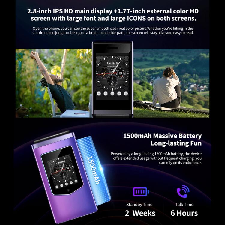 HAMTOD T8 4G Flip Phone, EU Version, 2.8 inch + 1.77 inch, VoLTE, BT, SOS, OTG(Navy Blue) - free shipping - PMC TechLife - Order now!