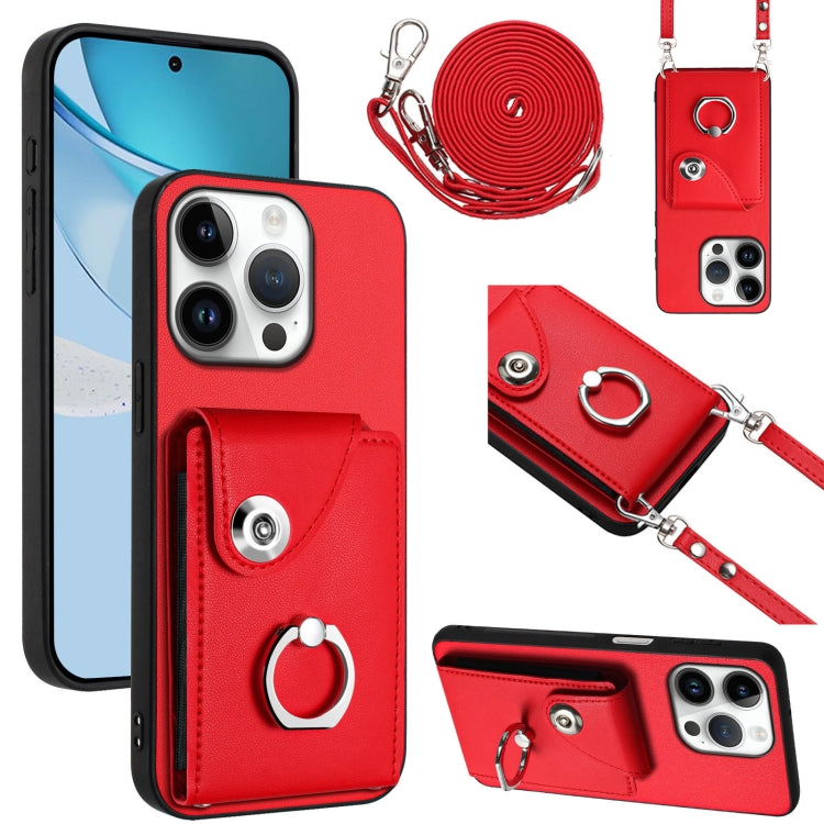 For iPhone 16 Pro Organ Card Bag Ring Holder Phone Case with Long Lanyard(Red) - iPhone 16 Pro Cases by PMC TechLife | Online Shopping South Africa | PMC TechLife | Buy Now Pay Later Mobicred