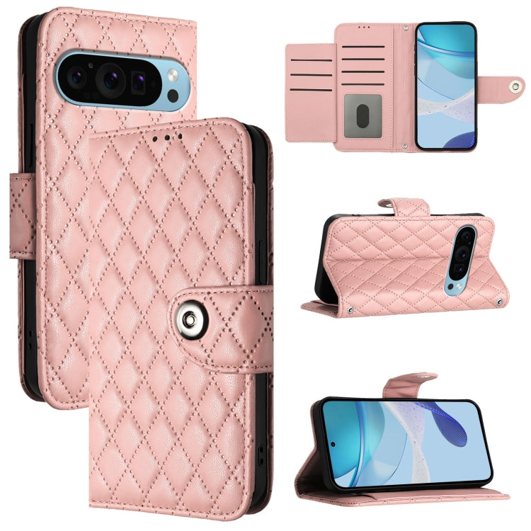 For Google Pixel 9 / Pixel 9 Pro Rhombic Texture Flip Leather Phone Case with Lanyard(Coral Pink) - Google Cases by PMC TechLife | Online Shopping South Africa | PMC TechLife | Buy Now Pay Later Mobicred