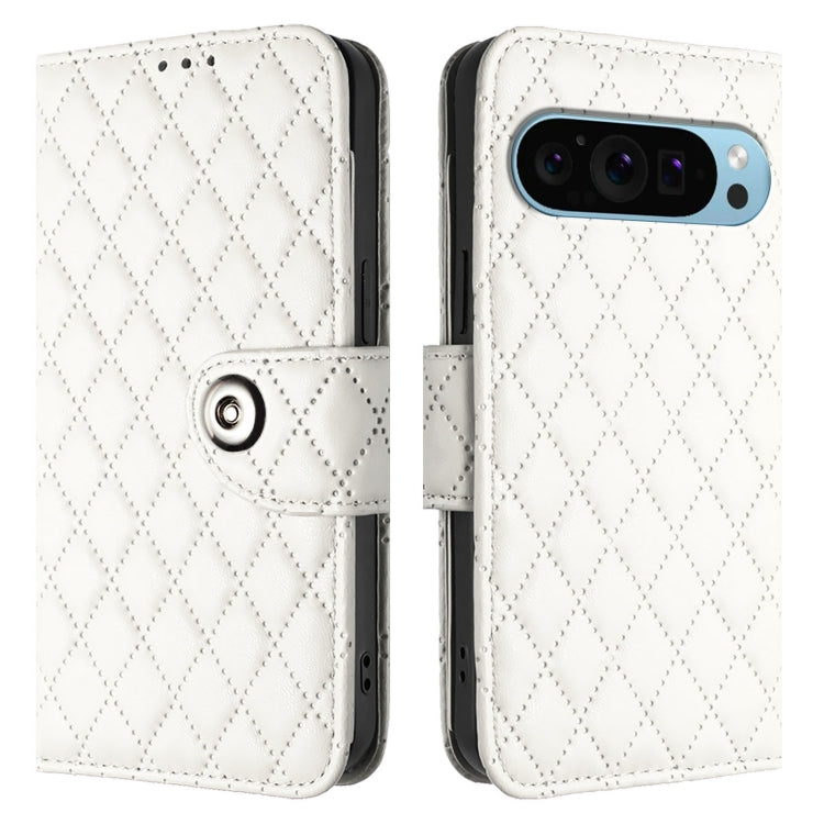 For Google Pixel 9 Pro XL Rhombic Texture Flip Leather Phone Case with Lanyard(White) - Google Cases by PMC TechLife | Online Shopping South Africa | PMC TechLife | Buy Now Pay Later Mobicred