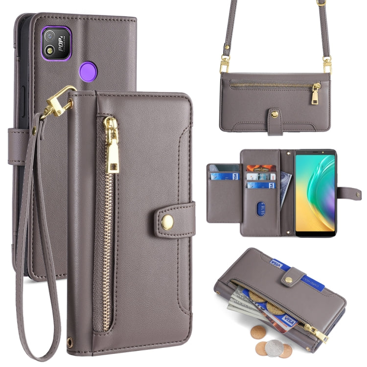 For Tecno Pop 4 Sheep Texture Cross-body Zipper Wallet Leather Phone Case(Grey) - Tecno Cases by PMC TechLife | Online Shopping South Africa | PMC TechLife | Buy Now Pay Later Mobicred