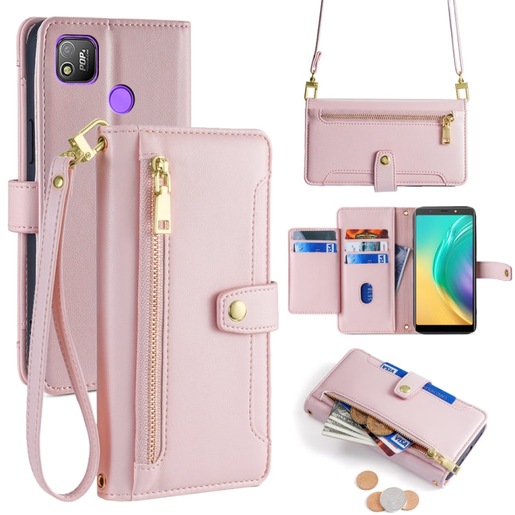 For Tecno Pop 4 Sheep Texture Cross-body Zipper Wallet Leather Phone Case(Pink) - Tecno Cases by PMC TechLife | Online Shopping South Africa | PMC TechLife | Buy Now Pay Later Mobicred