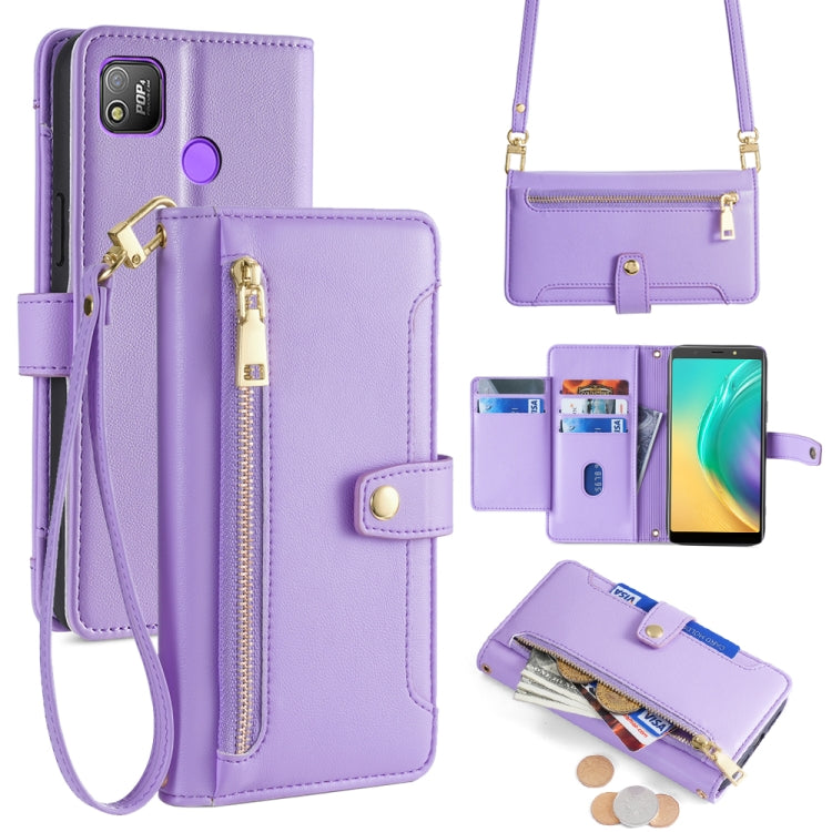 For Tecno Pop 4 Sheep Texture Cross-body Zipper Wallet Leather Phone Case(Purple) - Tecno Cases by PMC TechLife | Online Shopping South Africa | PMC TechLife | Buy Now Pay Later Mobicred