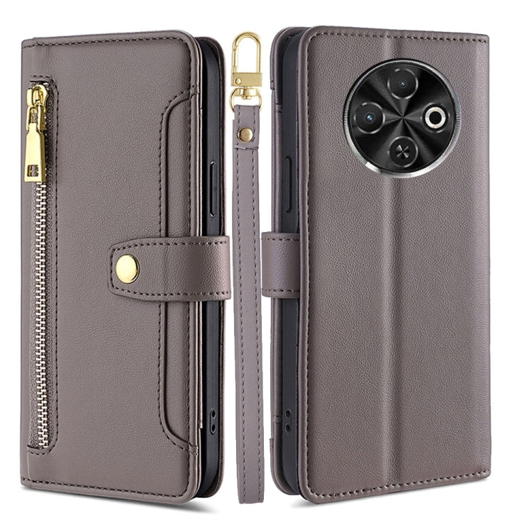 For Tecno Spark 30C 4G Sheep Texture Cross-body Zipper Wallet Leather Phone Case(Grey) - Tecno Cases by PMC TechLife | Online Shopping South Africa | PMC TechLife | Buy Now Pay Later Mobicred