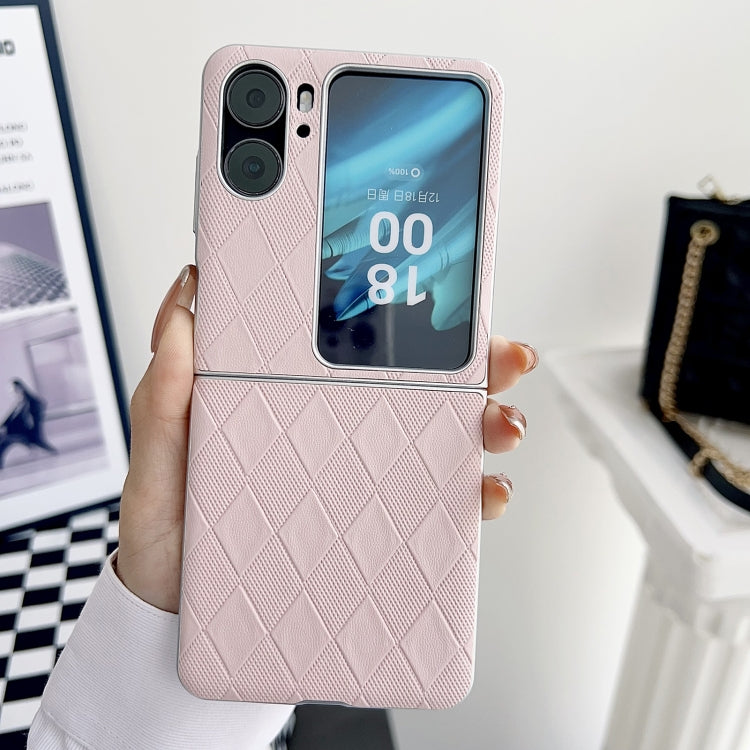 For OPPO Find N2 Flip Pearlescent Paint Diamond Shaped Checkered Leather Phone Case(Pink) - OPPO Cases by PMC TechLife | Online Shopping South Africa | PMC TechLife | Buy Now Pay Later Mobicred