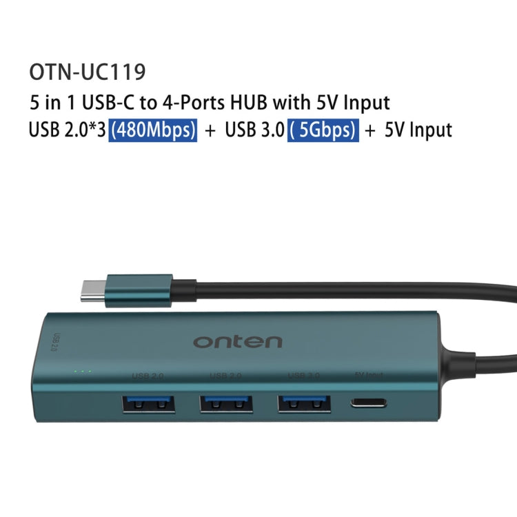 Onten UC119 5 in 1 USB-C / Type-C to USB 4-Ports USB HUB with 5V Input - free shipping - PMC Jewellery - Order now!