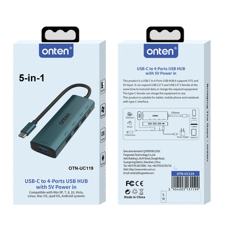 Onten UC119 5 in 1 USB-C / Type-C to USB 4-Ports USB HUB with 5V Input - free shipping - PMC Jewellery - Order now!