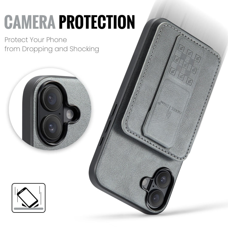 For iPhone 16 Plus Fierre Shann Oil Wax Cow Leather Card Holder Back Phone Case(Grey) - free shipping - PMC Jewellery - Order now!