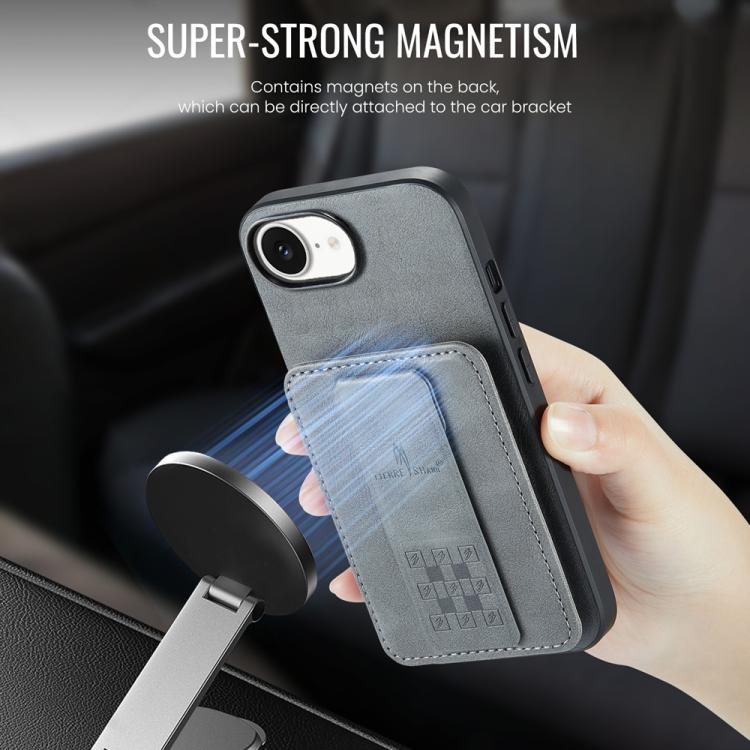 For iPhone 16e Fierre Shann Oil Wax Cow Leather Card Holder Back Phone Case(Grey) - free shipping - PMc TechLife - Order now!