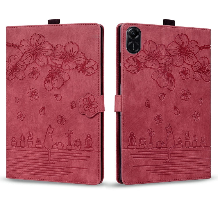 For Honor Pad X8a Cartoon Sakura Cat Embossed Leather Tablet Case(Red) - Honor by PMC TechLife | Online Shopping South Africa | PMC TechLife | Buy Now Pay Later Mobicred