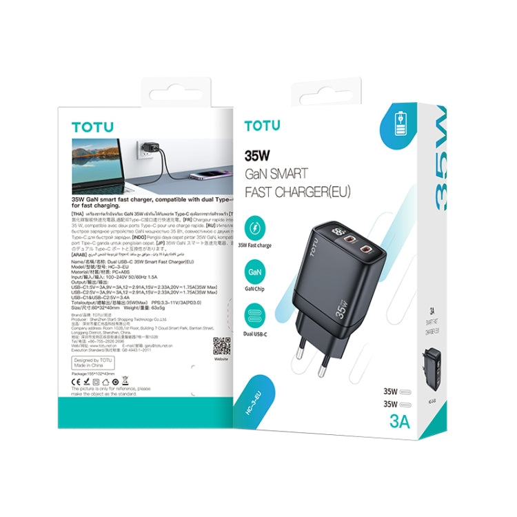 TOTU 35W GaN Dual USB-C/Type-C Smart Digital Display Charger, Plug:EU Plug(Black) - USB Charger by TOTUDESIGN | Online Shopping South Africa | PMC Jewellery