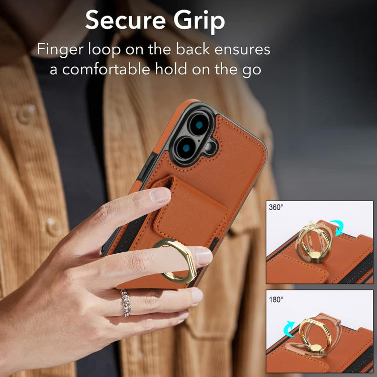 For iPhone 16 Elastic Card Bag Ring Holder Phone Case(Brown) - iPhone 16 Cases by PMC TechLife | Online Shopping South Africa | PMC TechLife | Buy Now Pay Later Mobicred