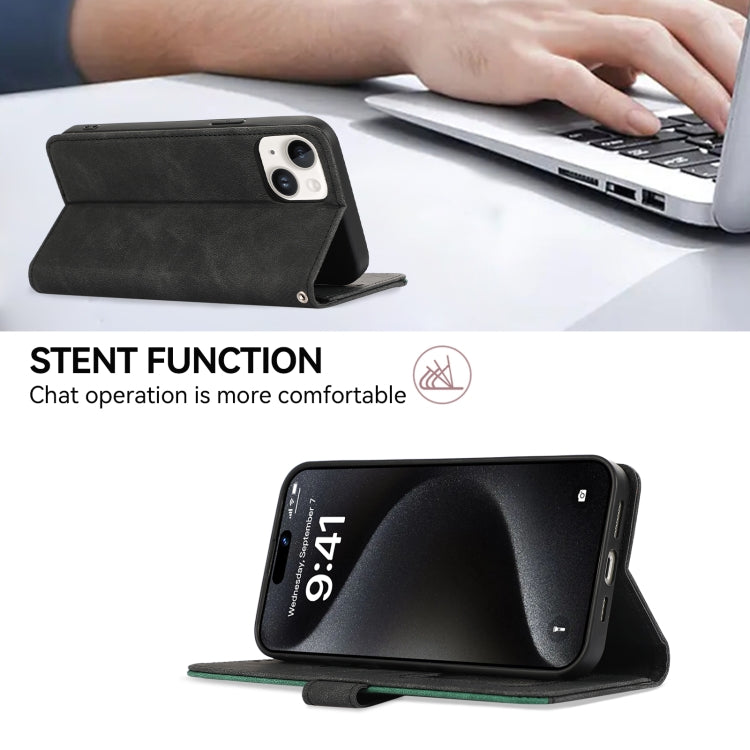 For iPhone 16 Plus ABEEL Color Block Magnetic RFID Leather Phone Case(Black-Green) - iPhone 16 Plus Cases by PMC TechLife | Online Shopping South Africa | PMC TechLife | Buy Now Pay Later Mobicred