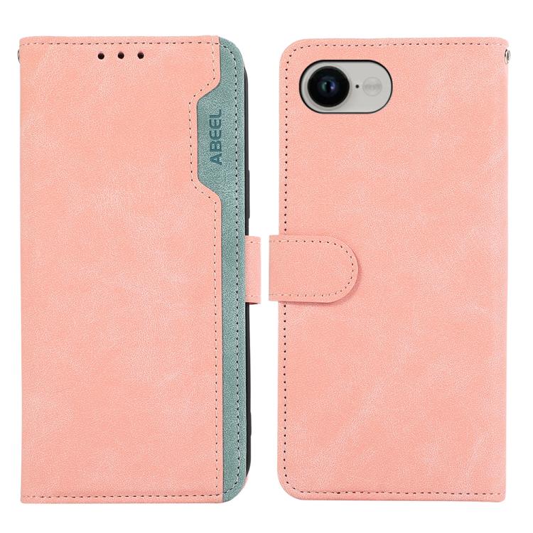 For iPhone 16e ABEEL Color Block Magnetic RFID Leather Phone Case(Pink-Cyan) - iPhone 16e Cases by PMC TechLife | Online Shopping South Africa | PMC TechLife | Buy Now Pay Later Mobicred