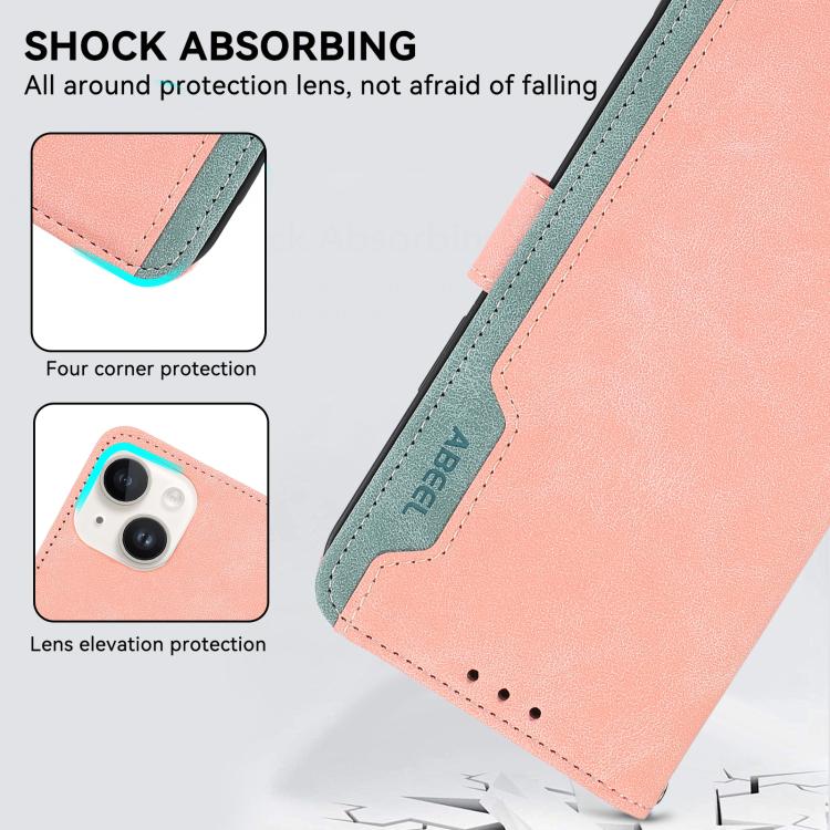 For iPhone 16e ABEEL Color Block Magnetic RFID Leather Phone Case(Pink-Cyan) - iPhone 16e Cases by PMC TechLife | Online Shopping South Africa | PMC TechLife | Buy Now Pay Later Mobicred