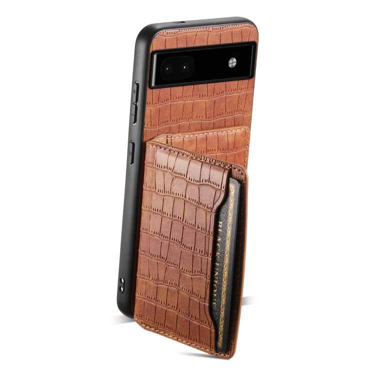 For Google Pixel 6a Crocodile Texture Card Bag Design Full Coverage Phone Case(Brown) - Google Cases by PMC TechLife | Online Shopping South Africa | PMC TechLife | Buy Now Pay Later Mobicred