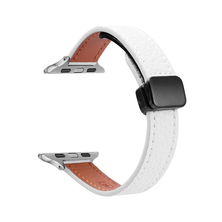 For Apple Watch Series 9 45mm Slim Magnetic Buckle Genuine Leather Watch Band(Litchi Beige) - Watch Bands by PMC Jewellery | Online Shopping South Africa | PMC Jewellery