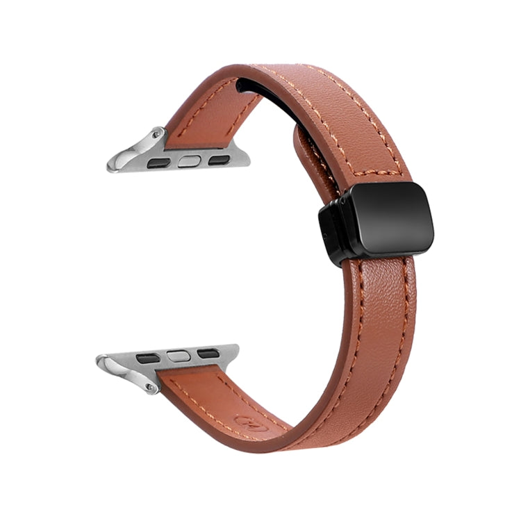 For Apple Watch SE 44mm Slim Magnetic Buckle Genuine Leather Watch Band(Plain Brown) - Watch Bands by PMC TechLife | Online Shopping South Africa | PMC TechLife