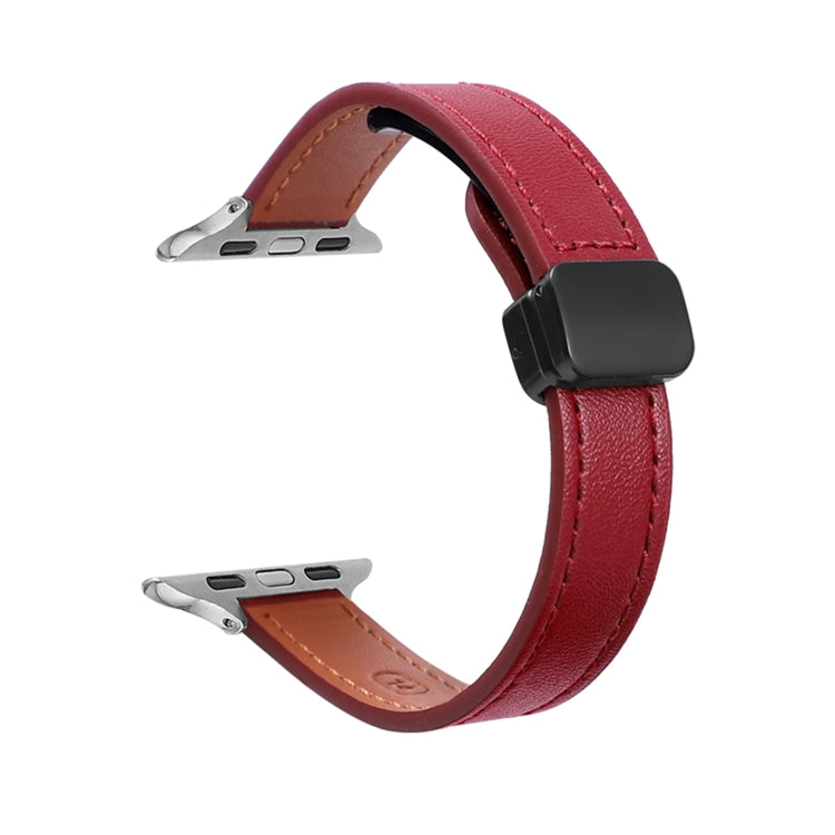 For Apple Watch SE 44mm Slim Magnetic Buckle Genuine Leather Watch Band(Plain Wine Red) - Watch Bands by PMC Jewellery | Online Shopping South Africa | PMC Jewellery