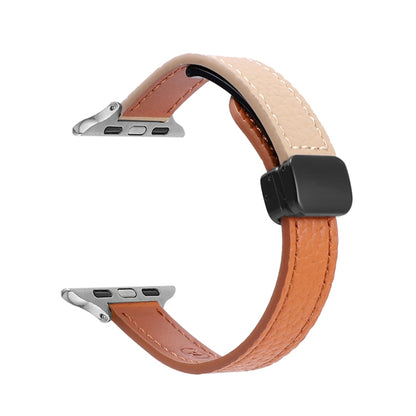 For Apple Watch Series 5 44mm Slim Magnetic Buckle Genuine Leather Watch Band(Litchi Orange Apricot) - Watch Bands by PMC Jewellery | Online Shopping South Africa | PMC Jewellery