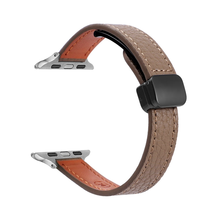 For Apple Watch Series 5 40mm Slim Magnetic Buckle Genuine Leather Watch Band(Litchi Coffee) - Watch Bands by PMC Jewellery | Online Shopping South Africa | PMC Jewellery