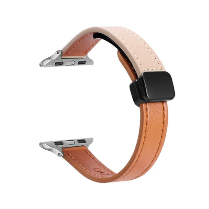 For Apple Watch 42mm Slim Magnetic Buckle Genuine Leather Watch Band(Plain Orange Apricot) - Watch Bands by PMC Jewellery | Online Shopping South Africa | PMC Jewellery