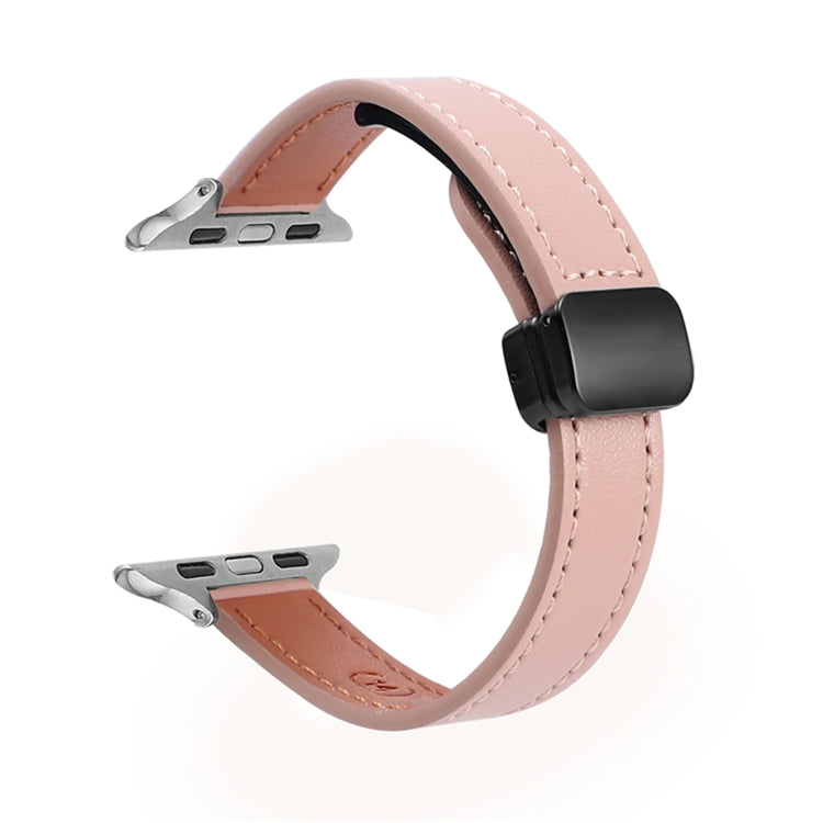 For Apple Watch 38mm Slim Magnetic Buckle Genuine Leather Watch Band(Plain Pink) - Watch Bands by PMC TechLife | Online Shopping South Africa | PMC TechLife