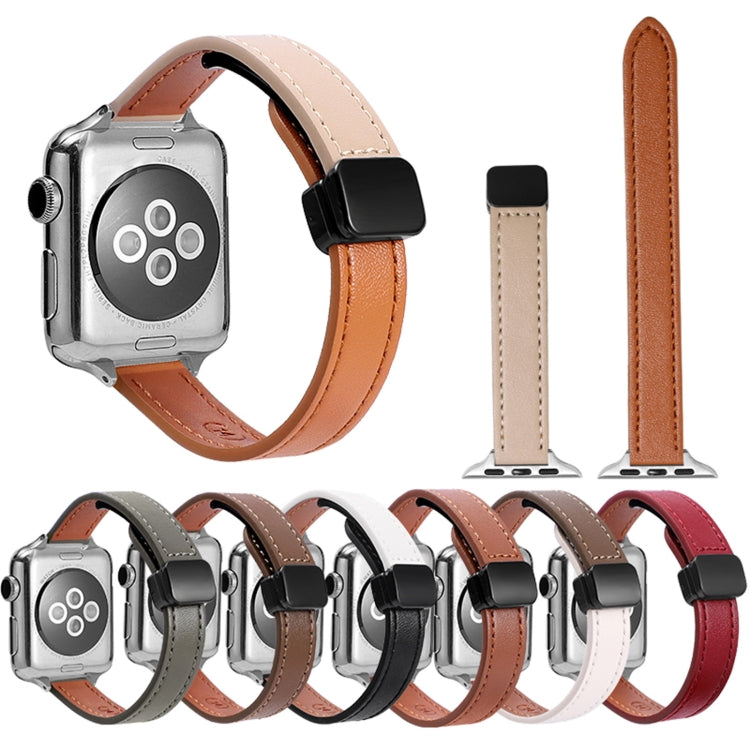 For Apple Watch Series 7 45mm Slim Magnetic Buckle Genuine Leather Watch Band(Litchi Beige) - Watch Bands by PMC Jewellery | Online Shopping South Africa | PMC Jewellery