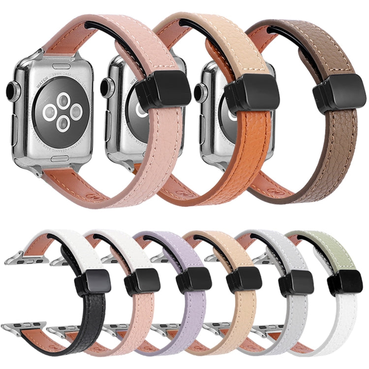 For Apple Watch Series 3 42mm Slim Magnetic Buckle Genuine Leather Watch Band(Litchi Lavender) - Watch Bands by PMC Jewellery | Online Shopping South Africa | PMC Jewellery