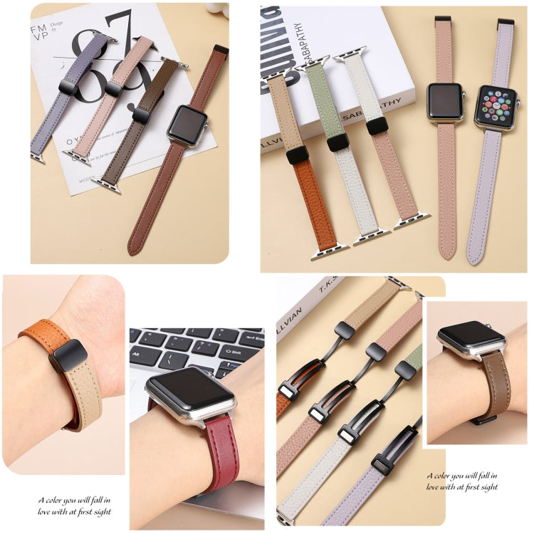 For Apple Watch 42mm Slim Magnetic Buckle Genuine Leather Watch Band(Plain Grey) - Watch Bands by PMC TechLife | Online Shopping South Africa | PMC TechLife