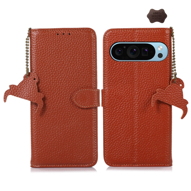 For Google Pixel 9 Genuine Leather Litchi Texture RFID Leather Phone Case(Coffee) - Google Cases by PMC TechLife | Online Shopping South Africa | PMC TechLife | Buy Now Pay Later Mobicred