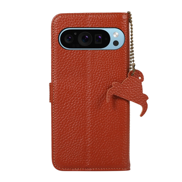 For Google Pixel 9 Genuine Leather Litchi Texture RFID Leather Phone Case(Coffee) - Google Cases by PMC TechLife | Online Shopping South Africa | PMC TechLife | Buy Now Pay Later Mobicred