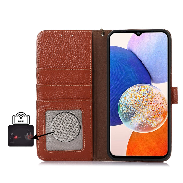 For Google Pixel 9 Genuine Leather Litchi Texture RFID Leather Phone Case(Coffee) - Google Cases by PMC TechLife | Online Shopping South Africa | PMC TechLife | Buy Now Pay Later Mobicred