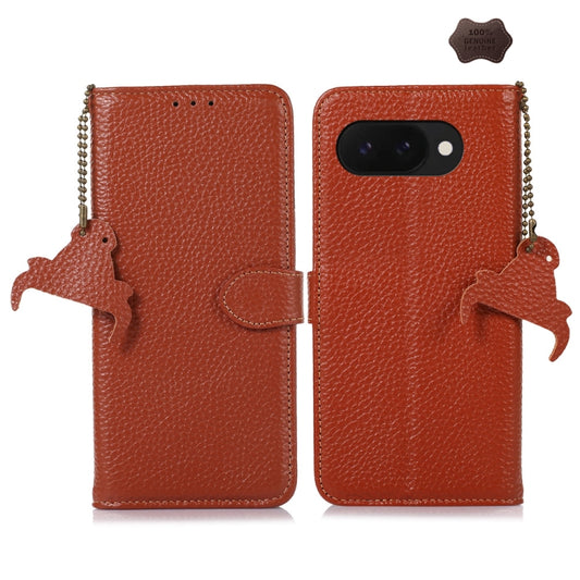 For Google Pixel 9a Genuine Leather Litchi Texture RFID Leather Phone Case(Coffee) - Google Cases by PMC Jewellery | Online Shopping South Africa | PMC Jewellery | Buy Now Pay Later Mobicred