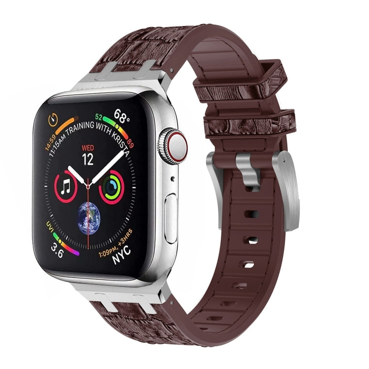 For Apple Watch SE 2023 44mm Crocodile Texture Liquid Silicone Watch Band(Silver Dark Brown) - Watch Bands by PMC Jewellery | Online Shopping South Africa | PMC Jewellery