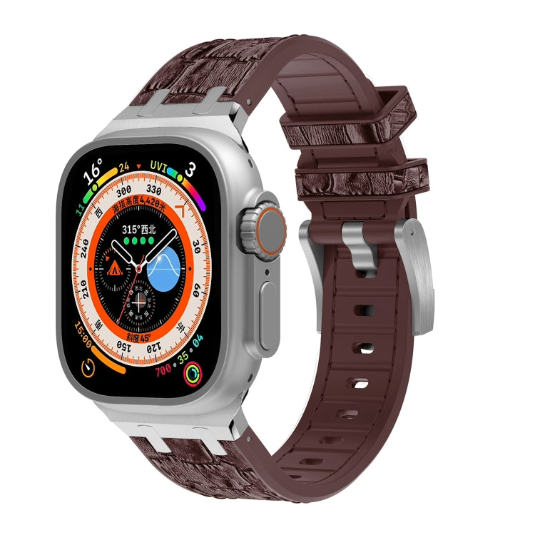 For Apple Watch Ultra 2 49mm Crocodile Texture Liquid Silicone Watch Band(Silver Dark Brown) - free shipping - PMC TechLife - Order now!
