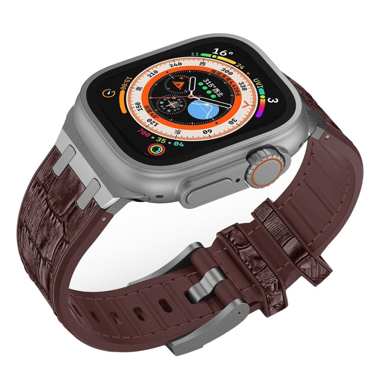 For Apple Watch Ultra 49mm Crocodile Texture Liquid Silicone Watch Band(Silver Dark Brown) - Watch Bands by PMC TechLife | Online Shopping South Africa | PMC TechLife