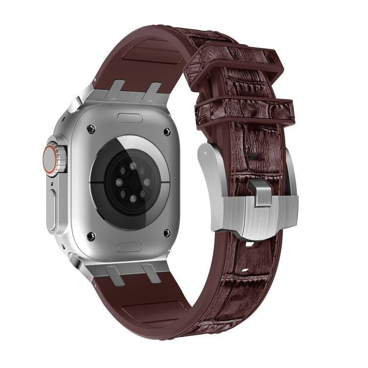 For Apple Watch Ultra 49mm Crocodile Texture Liquid Silicone Watch Band(Silver Dark Brown) - Watch Bands by PMC TechLife | Online Shopping South Africa | PMC TechLife