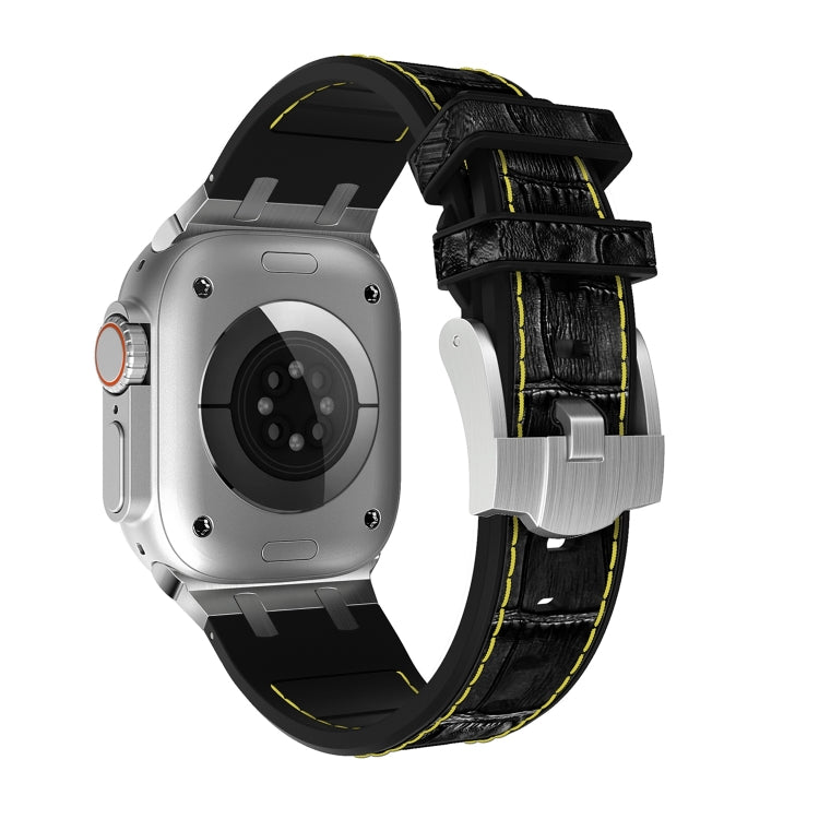 For Apple Watch Series 8 41mm Crocodile Texture Liquid Silicone Watch Band(Silver Yellow Black) - Watch Bands by PMC TechLife | Online Shopping South Africa | PMC TechLife